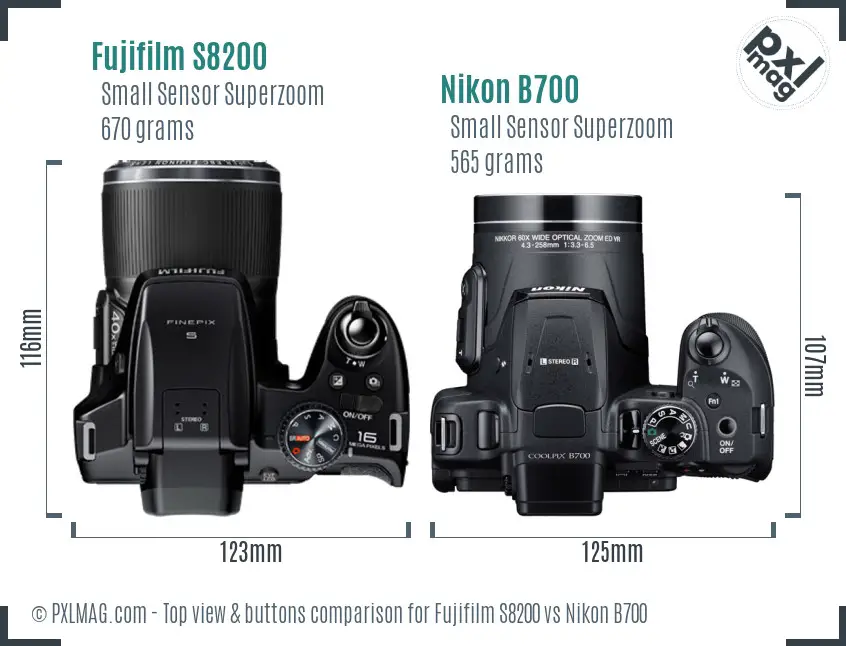 Fujifilm S8200 vs Nikon B700 top view buttons comparison
