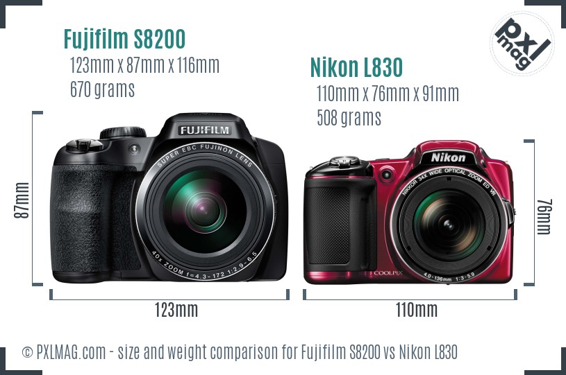 Fujifilm S8200 vs Nikon L830 size comparison