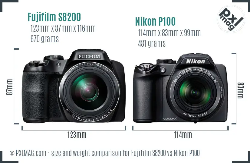 Fujifilm S8200 vs Nikon P100 size comparison