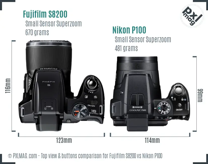 Fujifilm S8200 vs Nikon P100 top view buttons comparison