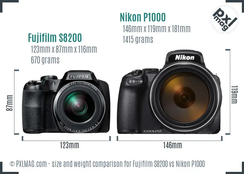 Fujifilm S8200 vs Nikon P1000 size comparison