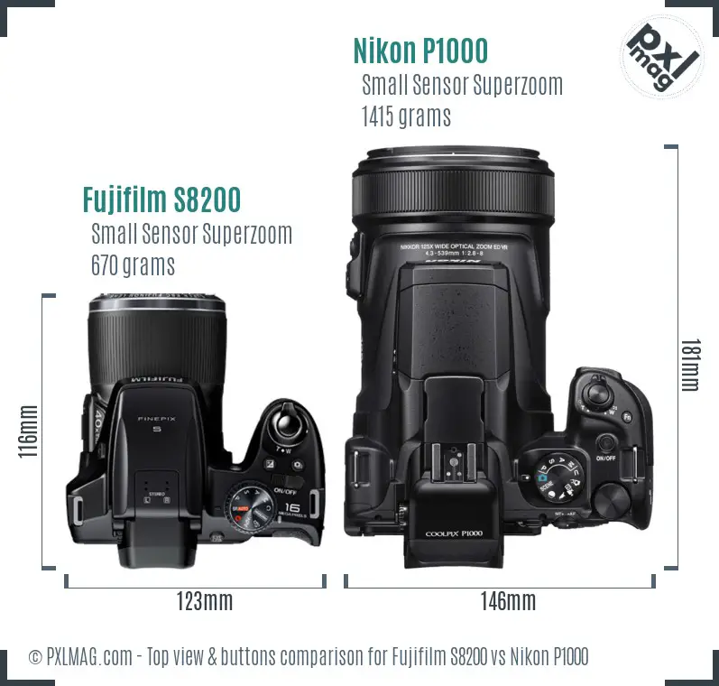 Fujifilm S8200 vs Nikon P1000 top view buttons comparison