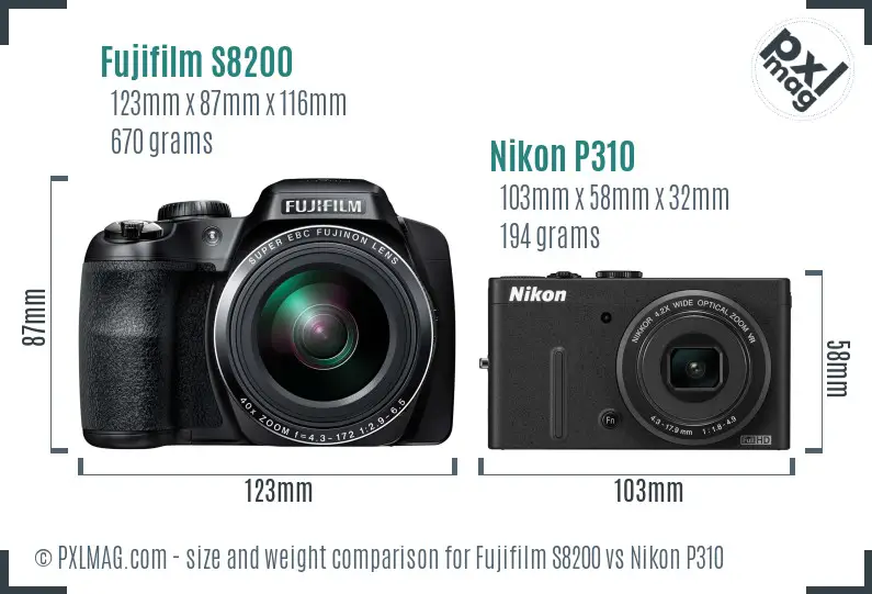 Fujifilm S8200 vs Nikon P310 size comparison