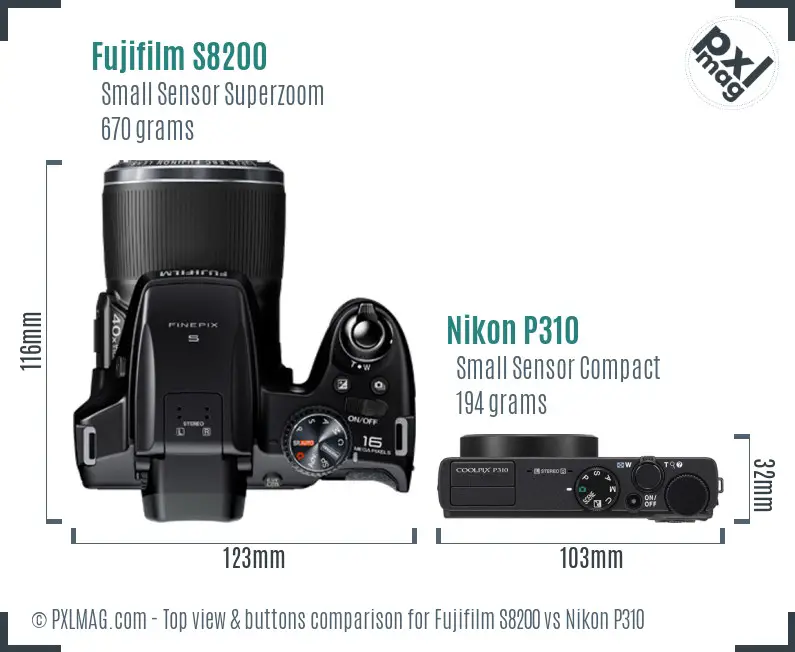 Fujifilm S8200 vs Nikon P310 top view buttons comparison