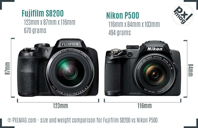Fujifilm S8200 vs Nikon P500 size comparison Fujifilm S8200 vs Nikon P500 size comparison
