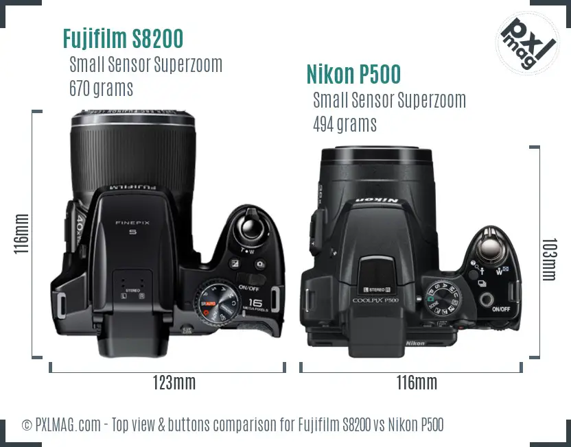 Fujifilm S8200 vs Nikon P500 top view buttons comparison Fujifilm S8200 vs Nikon P500 top view buttons comparison