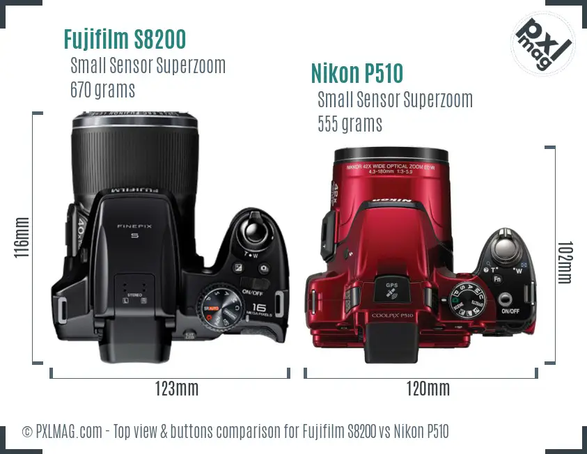 Fujifilm S8200 vs Nikon P510 top view buttons comparison