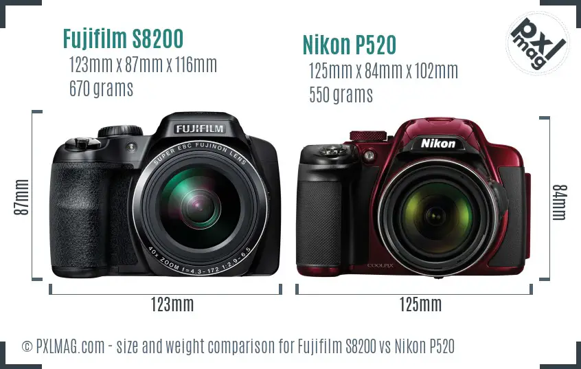 Fujifilm S8200 vs Nikon P520 size comparison