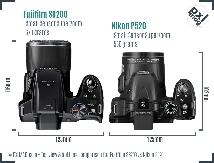 Fujifilm S8200 vs Nikon P520 top view buttons comparison