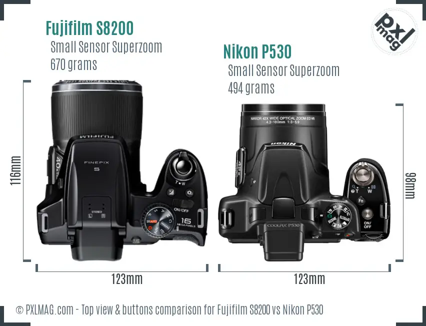 Fujifilm S8200 vs Nikon P530 top view buttons comparison
