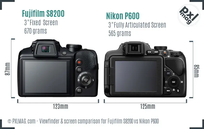 Fujifilm S8200 vs Nikon P600 Screen and Viewfinder comparison
