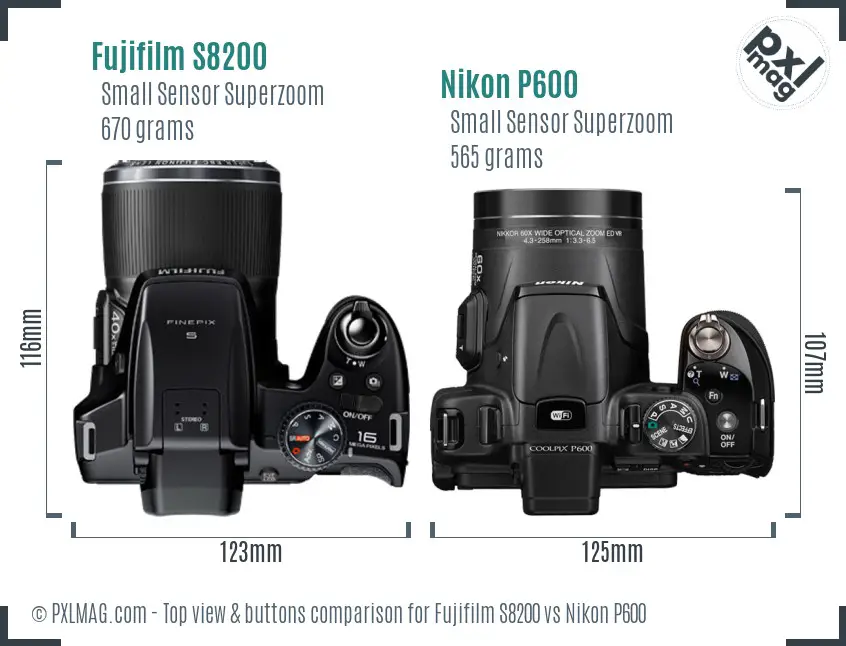 Fujifilm S8200 vs Nikon P600 top view buttons comparison
