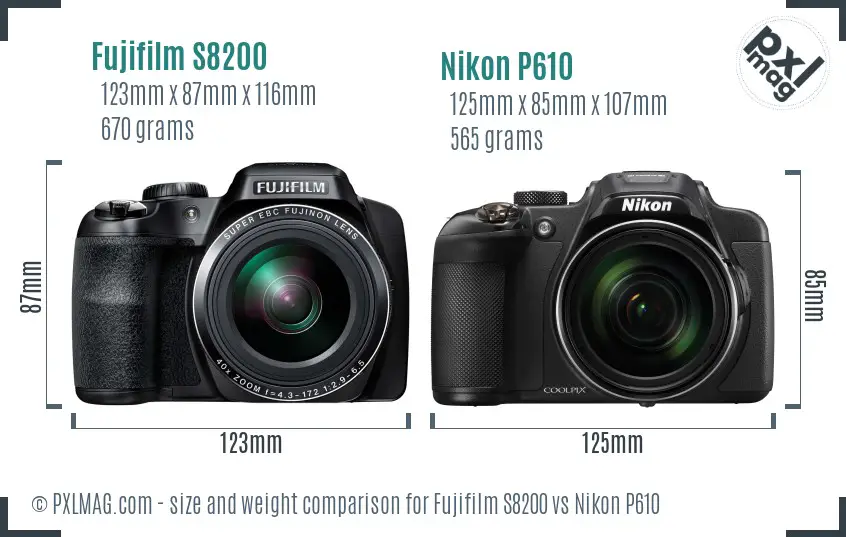 Fujifilm S8200 vs Nikon P610 size comparison