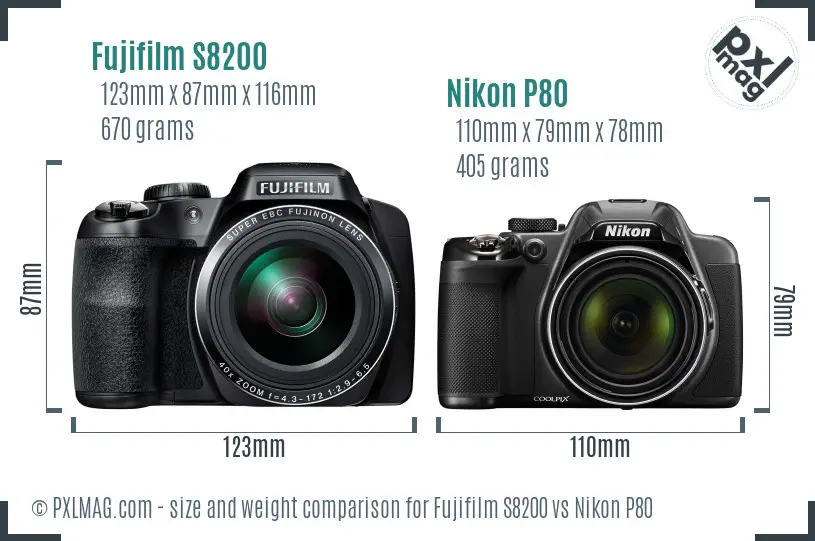 Fujifilm S8200 vs Nikon P80 size comparison Fujifilm S8200 vs Nikon P80 size comparison