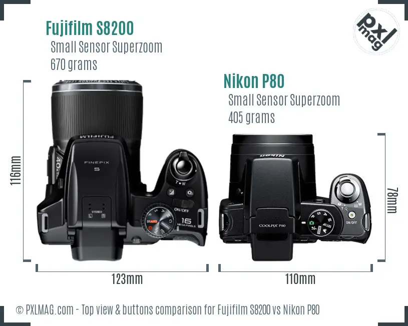 Fujifilm S8200 vs Nikon P80 top view buttons comparison Fujifilm S8200 vs Nikon P80 top view buttons comparison