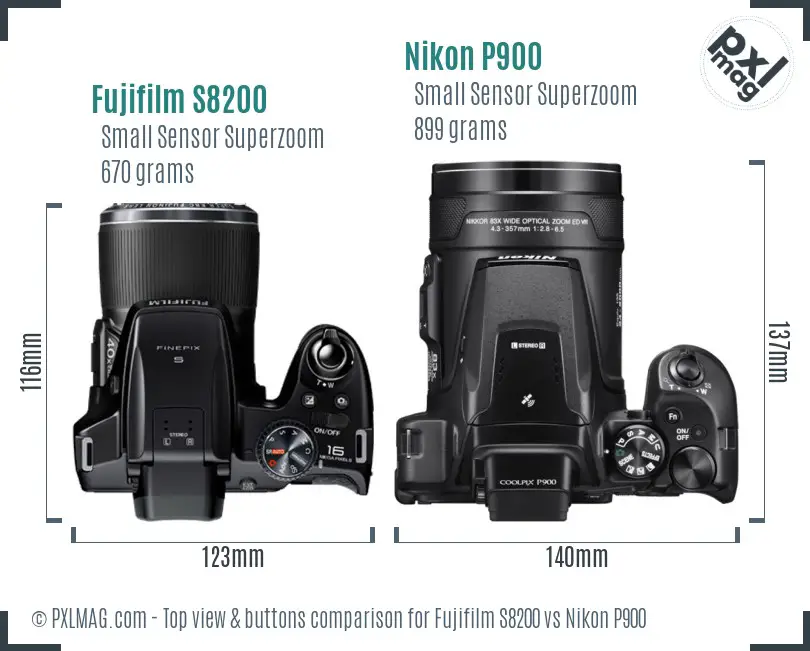 Fujifilm S8200 vs Nikon P900 top view buttons comparison