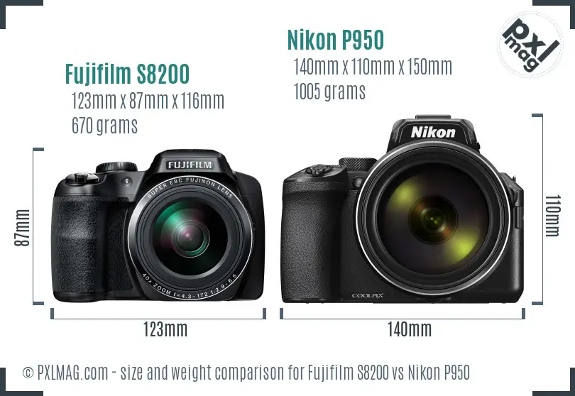 Fujifilm S8200 vs Nikon P950 size comparison