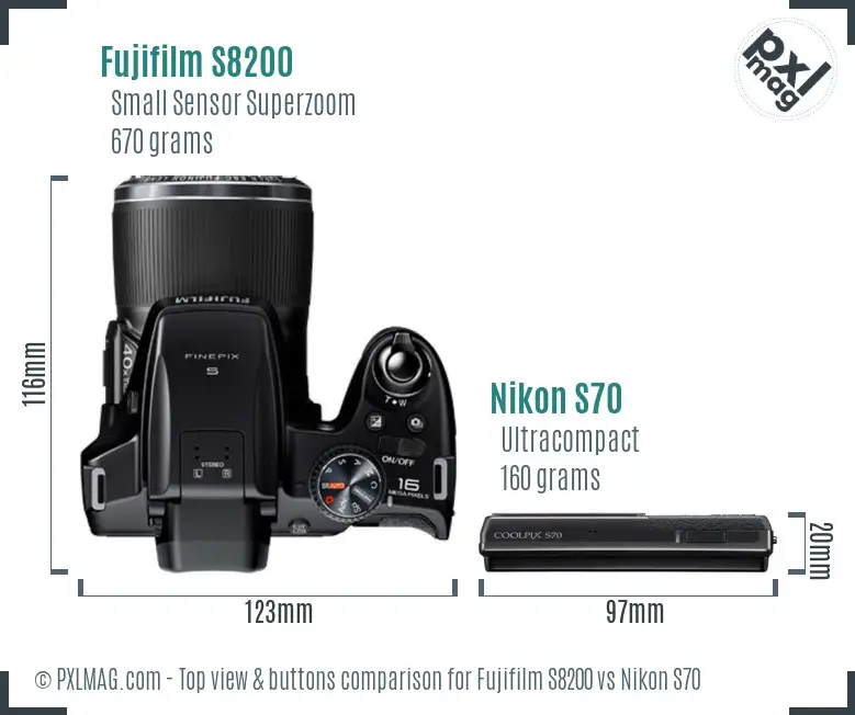 Fujifilm S8200 vs Nikon S70 top view buttons comparison