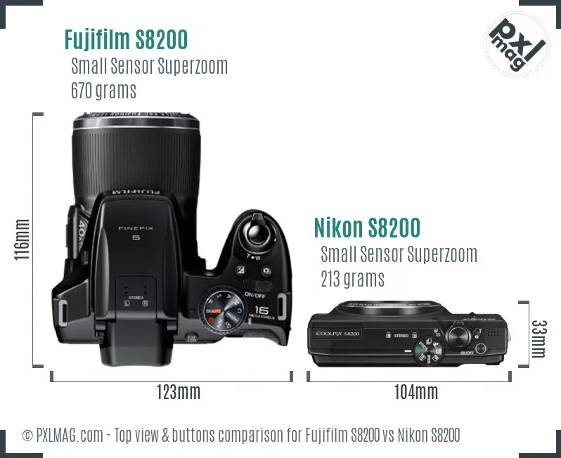 Fujifilm S8200 vs Nikon S8200 top view buttons comparison