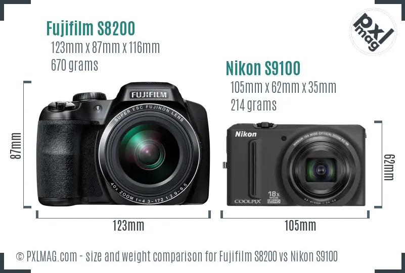 Fujifilm S8200 vs Nikon S9100 size comparison