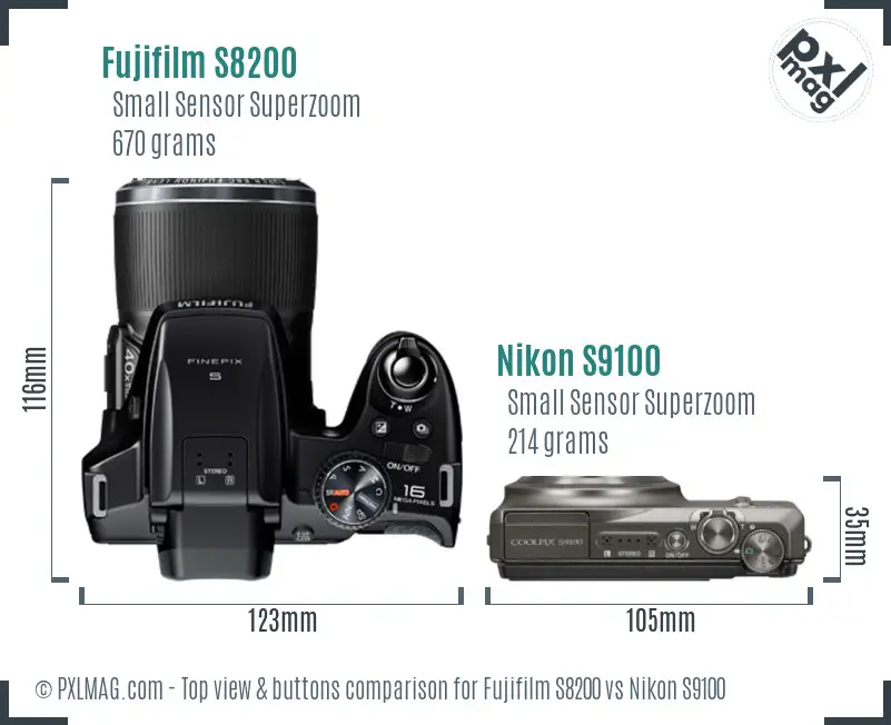 Fujifilm S8200 vs Nikon S9100 top view buttons comparison