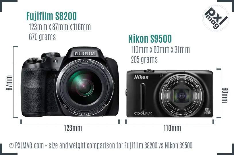 Fujifilm S8200 vs Nikon S9500 size comparison