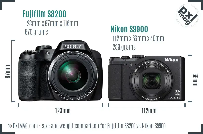 Fujifilm S8200 vs Nikon S9900 size comparison