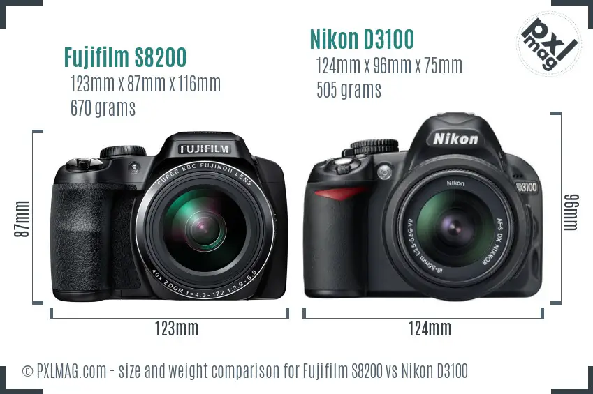 Fujifilm S8200 vs Nikon D3100 size comparison Fujifilm S8200 vs Nikon D3100 size comparison