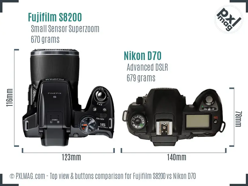 Fujifilm S8200 vs Nikon D70 top view buttons comparison