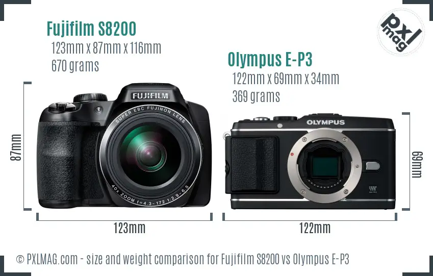 Fujifilm S8200 vs Olympus E-P3 size comparison