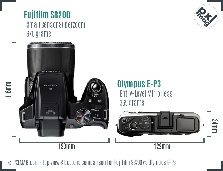 Fujifilm S8200 vs Olympus E-P3 top view buttons comparison