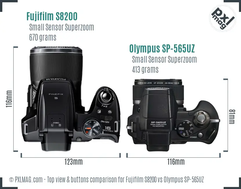 Fujifilm S8200 vs Olympus SP-565UZ top view buttons comparison