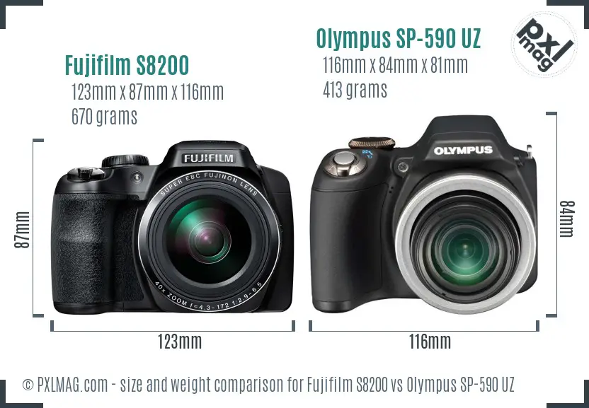 Fujifilm S8200 vs Olympus SP-590 UZ size comparison Fujifilm S8200 vs Olympus SP-590 UZ size comparison