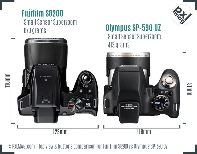 Fujifilm S8200 vs Olympus SP-590 UZ top view buttons comparison Fujifilm S8200 vs Olympus SP-590 UZ top view buttons comparison