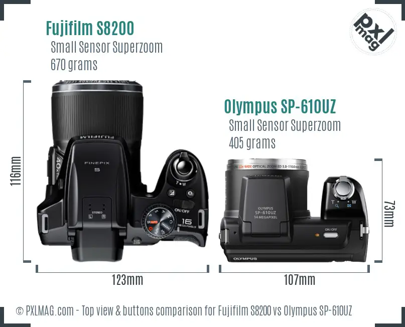 Fujifilm S8200 vs Olympus SP-610UZ top view buttons comparison