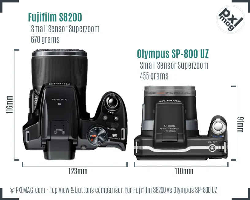 Fujifilm S8200 vs Olympus SP-800 UZ top view buttons comparison