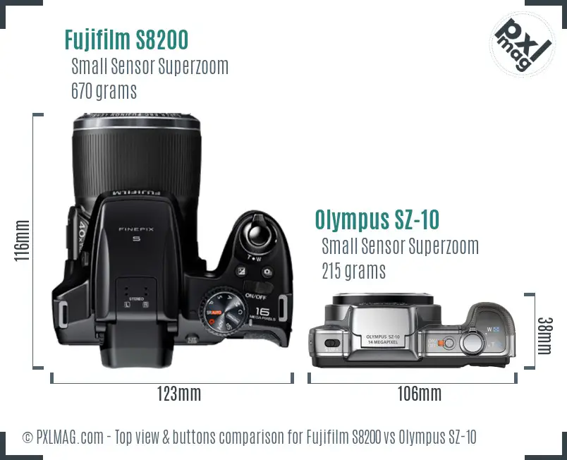 Fujifilm S8200 vs Olympus SZ-10 top view buttons comparison Fujifilm S8200 vs Olympus SZ-10 top view buttons comparison