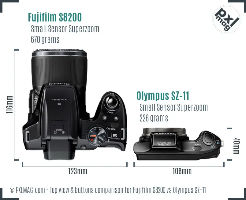 Fujifilm S8200 vs Olympus SZ-11 top view buttons comparison