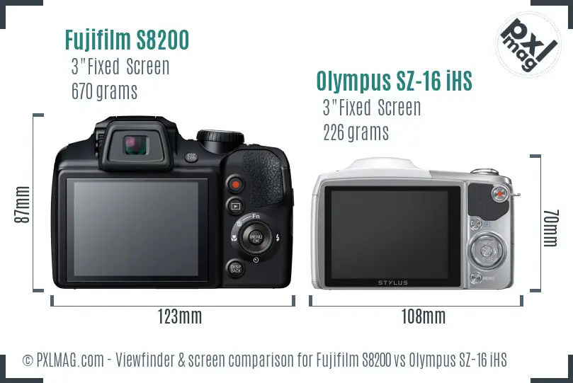Fujifilm S8200 vs Olympus SZ-16 iHS Screen and Viewfinder comparison