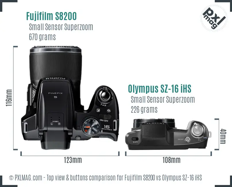 Fujifilm S8200 vs Olympus SZ-16 iHS top view buttons comparison