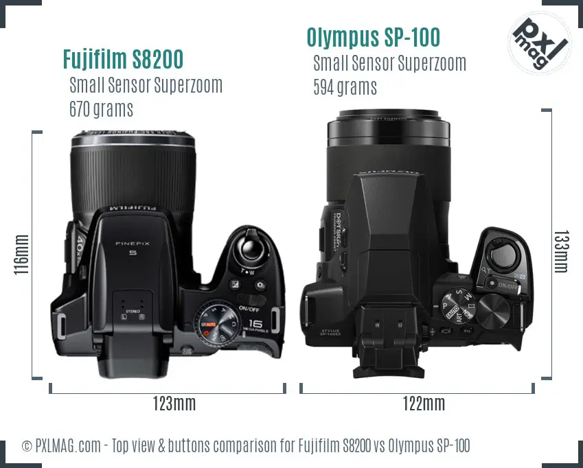Fujifilm S8200 vs Olympus SP-100 top view buttons comparison