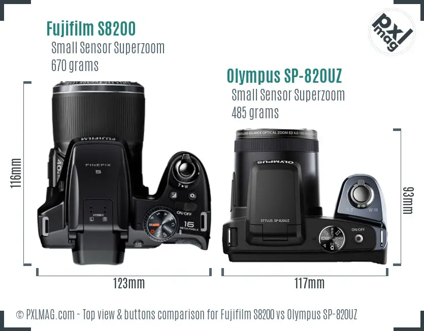 Fujifilm S8200 vs Olympus SP-820UZ top view buttons comparison