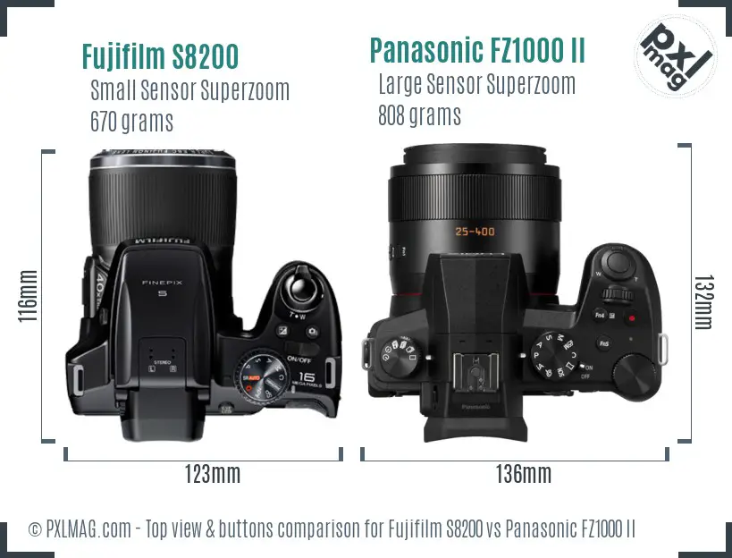 Fujifilm S8200 vs Panasonic FZ1000 II top view buttons comparison