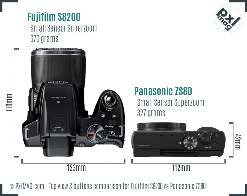 Fujifilm S8200 vs Panasonic ZS80 top view buttons comparison
