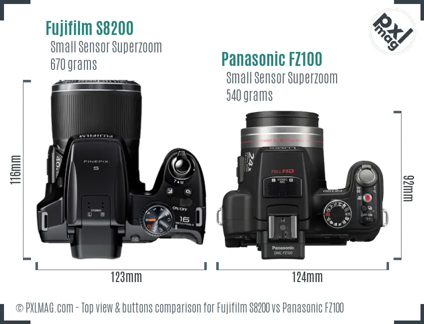 Fujifilm S8200 vs Panasonic FZ100 top view buttons comparison