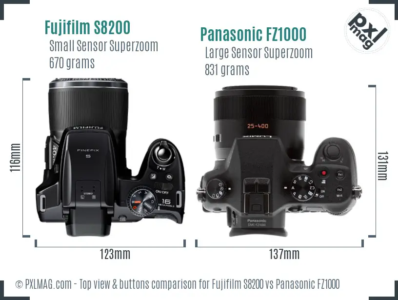 Fujifilm S8200 vs Panasonic FZ1000 top view buttons comparison