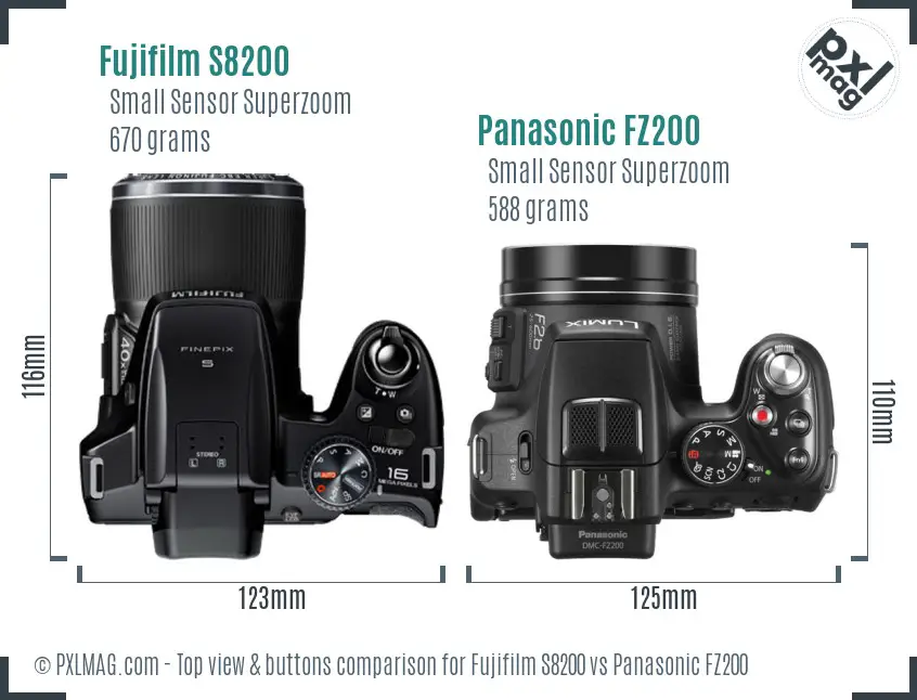 Fujifilm S8200 vs Panasonic FZ200 top view buttons comparison