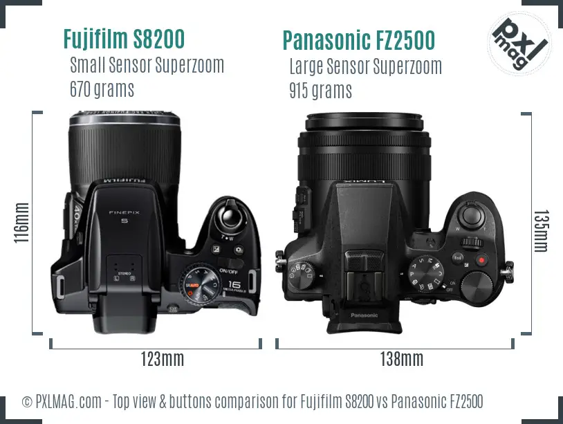 Fujifilm S8200 vs Panasonic FZ2500 top view buttons comparison