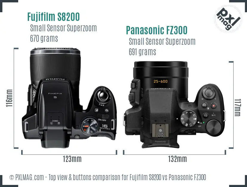 Fujifilm S8200 vs Panasonic FZ300 top view buttons comparison