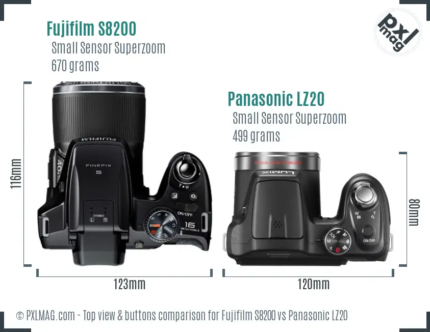 Fujifilm S8200 vs Panasonic LZ20 top view buttons comparison Fujifilm S8200 vs Panasonic LZ20 top view buttons comparison